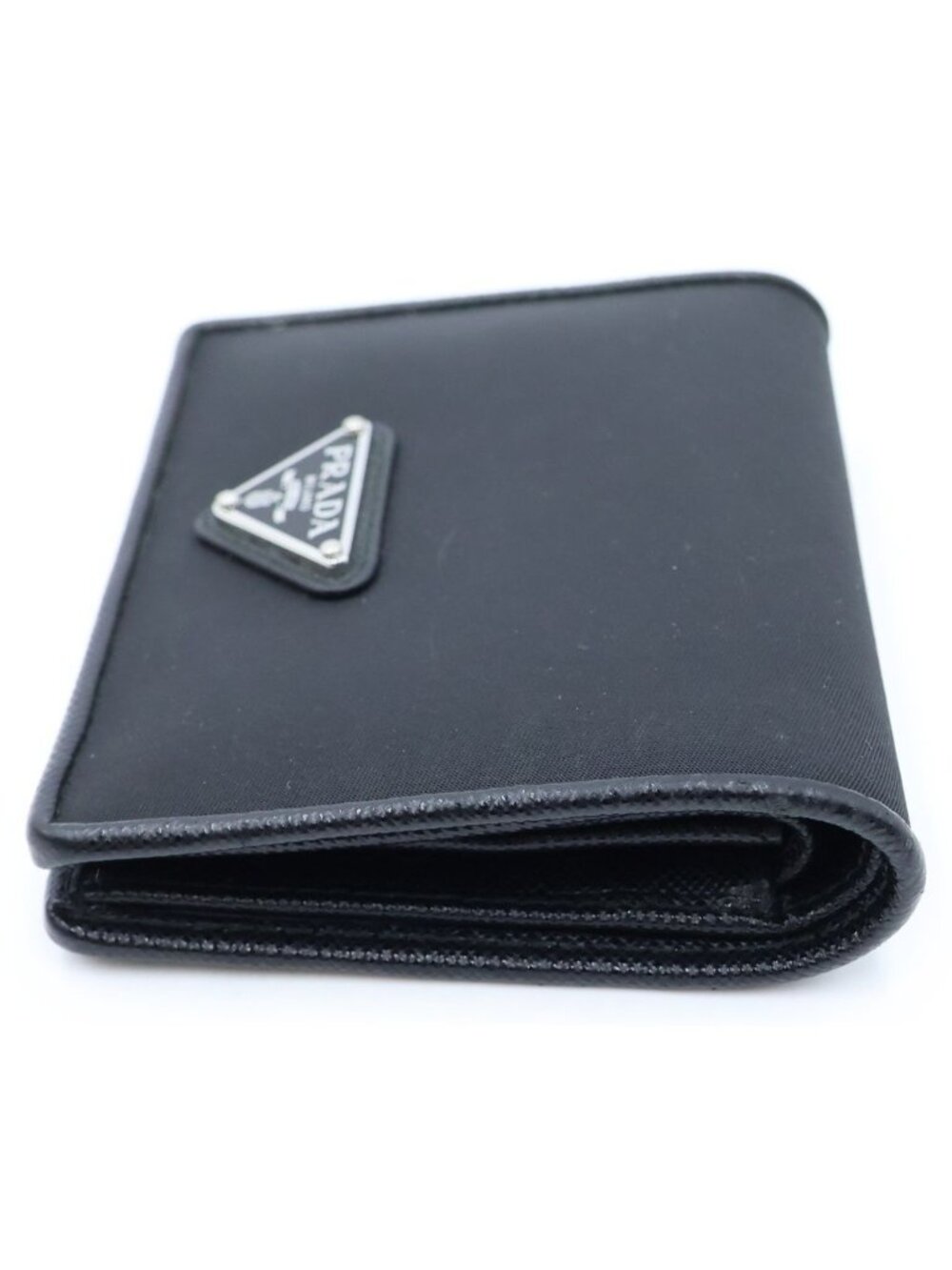 Prada Triangle Logo Compact Wallet Bifold Black Tessuto Nylon - Picture 3 of 6
